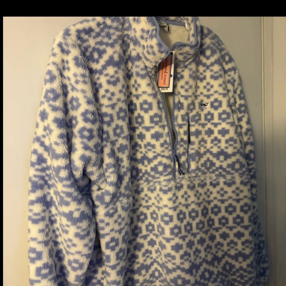 Vineyard Vines Blue and Cream Fleece 1/4 zip
